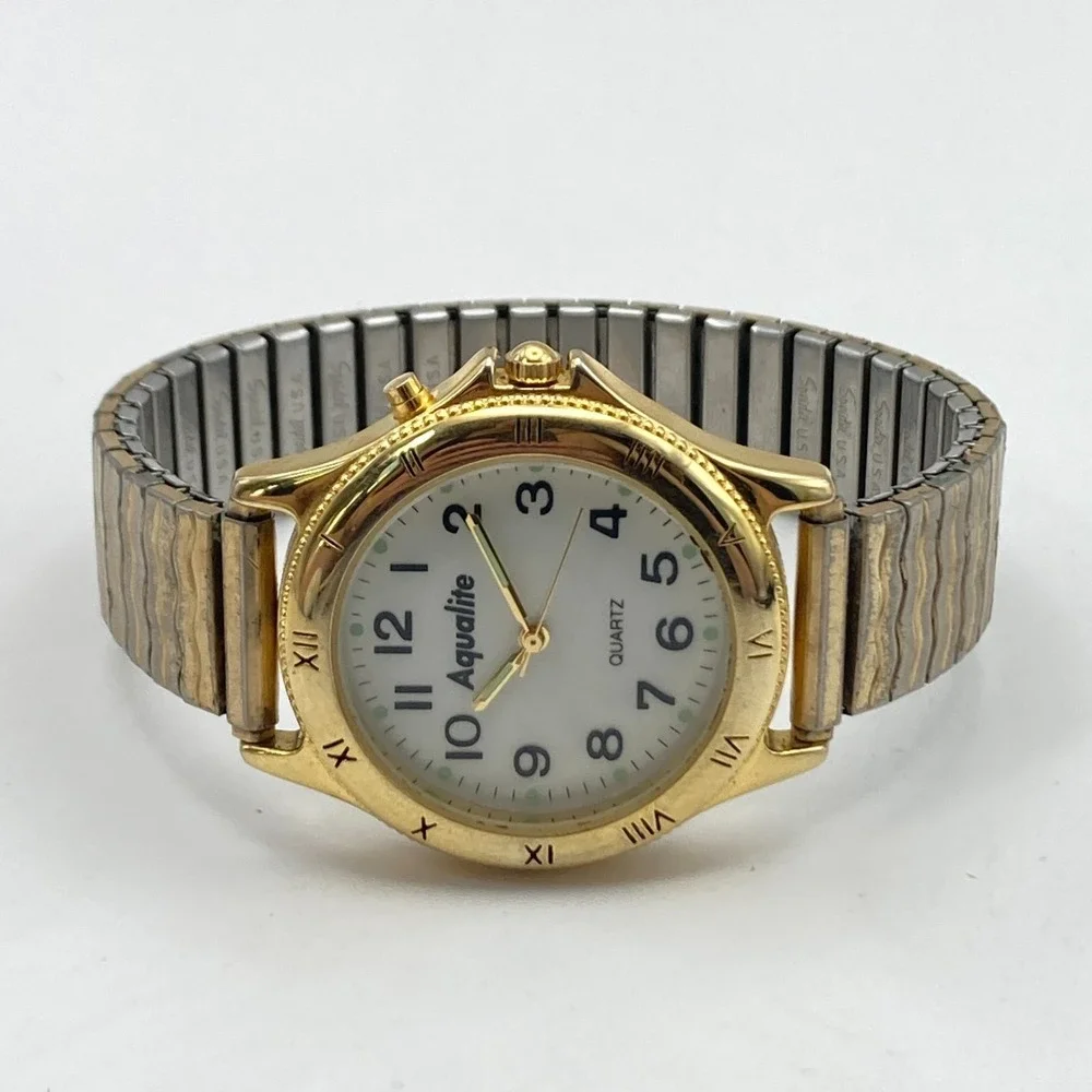 Vintage Aqualite Men's Watch 36mm Gold Tone Backlight Stretch Band New Battery